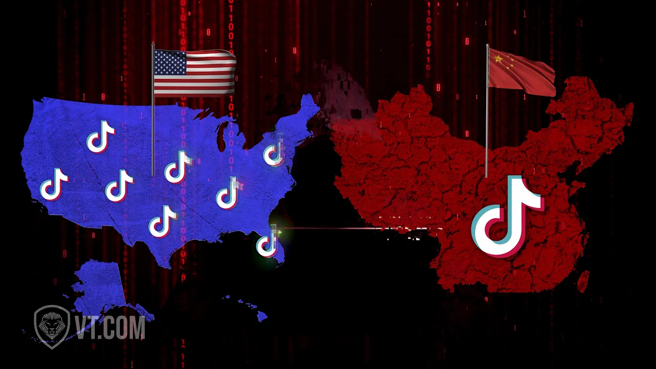Video still: TikTok ban explainer graphic with US and China maps covered in TikTok logos